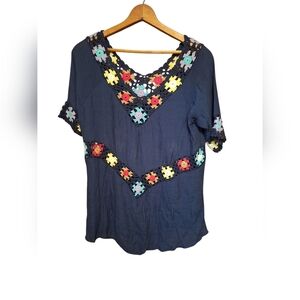 Rain Crochet Accented Boho Style Gauzy Sheer Floral Blouse Ladies Large Hippie